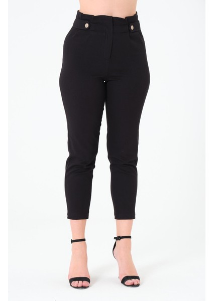 Kadın Yüksek Bel Düğme Detay Bilek Boy Pileli Gabardin Siyah Pantolon indirimleri