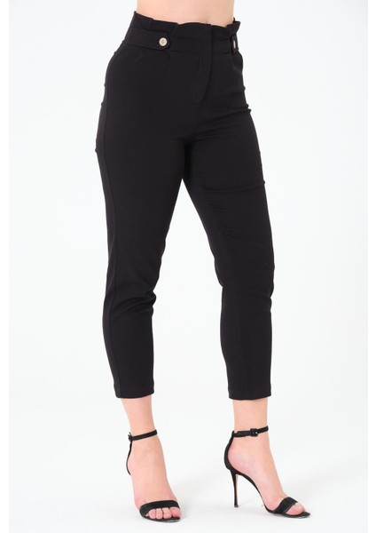 Kadın Yüksek Bel Düğme Detay Bilek Boy Pileli Gabardin Siyah Pantolon