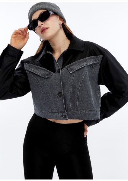 Kadın Oversize Kot Ceket Kolları Deri Garnili Motorcu Montu Günlük Kullanım Yarışçı Kolej Ceket