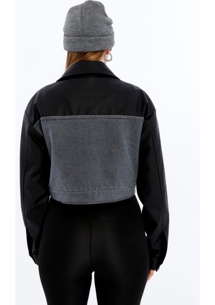 Kadın Oversize Kot Ceket Kolları Deri Garnili Motorcu Montu Günlük Kullanım Yarışçı Kolej Ceket