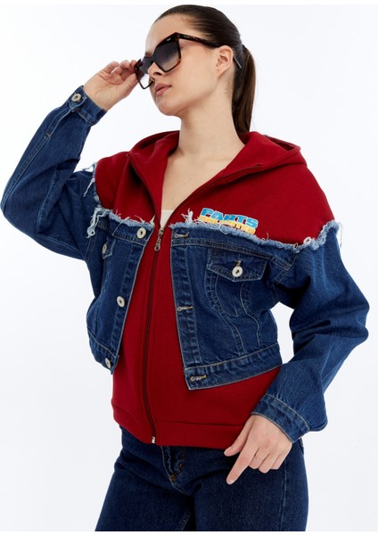 Kadın Oversize Penye ve Kot Garnili Ceket Fermuarlı Kolej Mont Baskılı Günlük Kullanım Kot Ceket