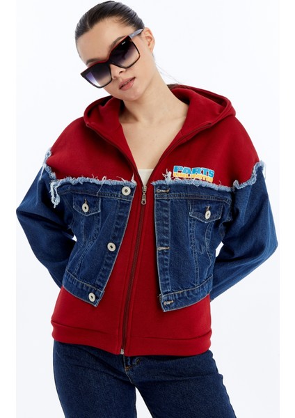 Kadın Oversize Penye ve Kot Garnili Ceket Fermuarlı Kolej Mont Baskılı Günlük Kullanım Kot Ceket fiyatları