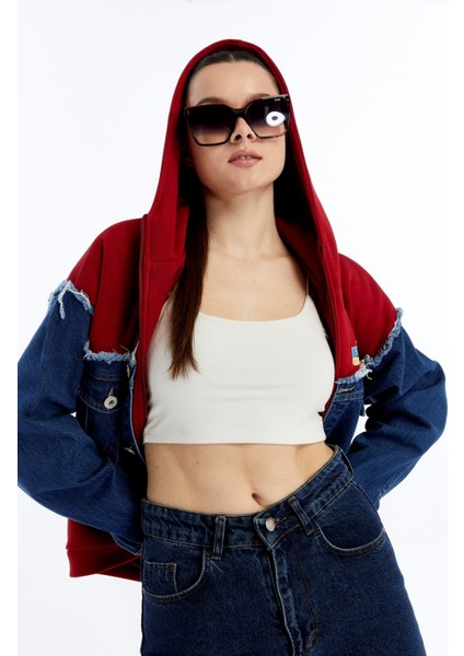 Kadın Oversize Penye ve Kot Garnili Ceket Fermuarlı Kolej Mont Baskılı Günlük Kullanım Kot Ceket fırsatları