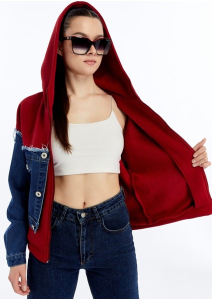 Kadın Oversize Penye ve Kot Garnili Ceket Fermuarlı Kolej Mont Baskılı Günlük Kullanım Kot Ceket indirimleri