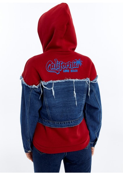 Kadın Oversize Penye ve Kot Garnili Ceket Fermuarlı Kolej Mont Baskılı Günlük Kullanım Kot Ceket