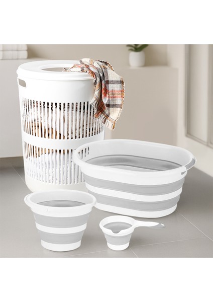4'lü Set - 60 Lt Solara Kirli Sepeti Beyaz, Katlanabilir Silikon Çamaşır Sepeti, Su Kovası, Maşrapa