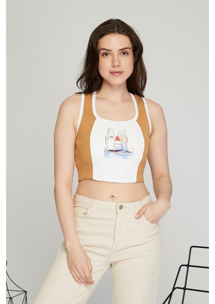 Kadın Deri Crop Ribana Kaşkorse Likralı Deri Garnili Baskılı Crop Büstiyer Deri Üzeri Baskılı Crop