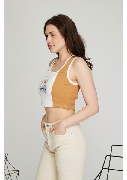 Kadın Deri Crop Ribana Kaşkorse Likralı Deri Garnili Baskılı Crop Büstiyer Deri Üzeri Baskılı Crop modelleri