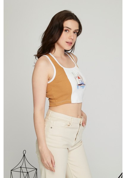 Kadın Deri Crop Ribana Kaşkorse Likralı Deri Garnili Baskılı Crop Büstiyer Deri Üzeri Baskılı Crop fırsatları