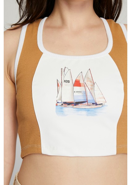 Kadın Deri Crop Ribana Kaşkorse Likralı Deri Garnili Baskılı Crop Büstiyer Deri Üzeri Baskılı Crop indirimleri