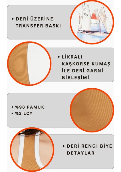 Kadın Deri Crop Ribana Kaşkorse Likralı Deri Garnili Baskılı Crop Büstiyer Deri Üzeri Baskılı Crop