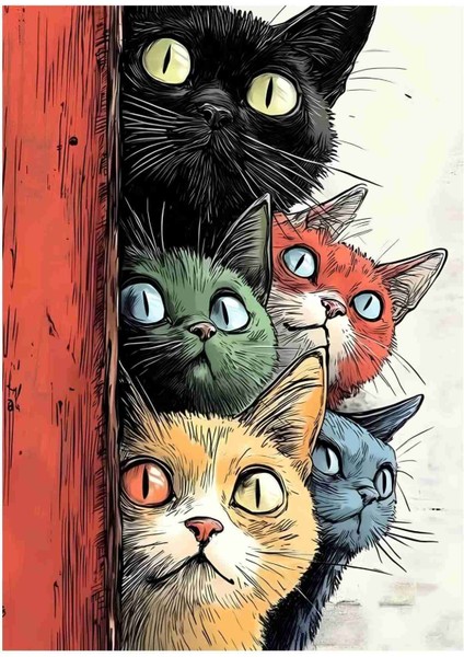 Duvarda Yatan Muzip Renkli Kediler ( Siyah Mavi Sarı Kırmızı Yeşil ) 120 255 500 1000 Parça Ahşap(Mdf) Puzzle