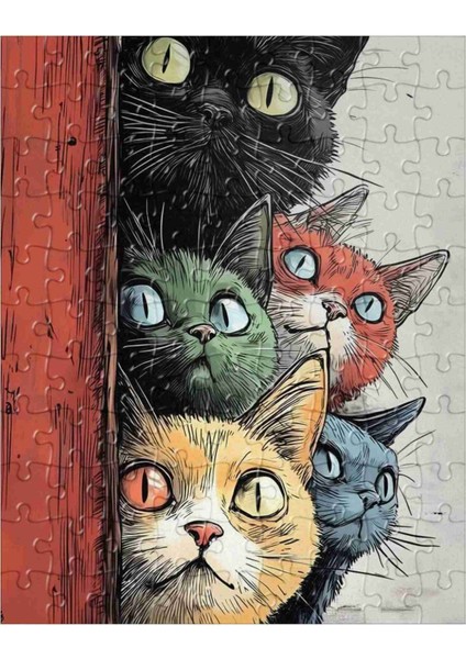 Duvarda Yatan Muzip Renkli Kediler ( Siyah Mavi Sarı Kırmızı Yeşil ) 120 255 500 1000 Parça Ahşap(Mdf) Puzzle fiyatları