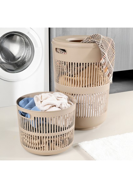2'li Solara Çamaşır Sepeti Seti - 60 Lt Kapak Detaylı Kirli Sepeti, 22 Lt Çamaşır Sepeti Bej