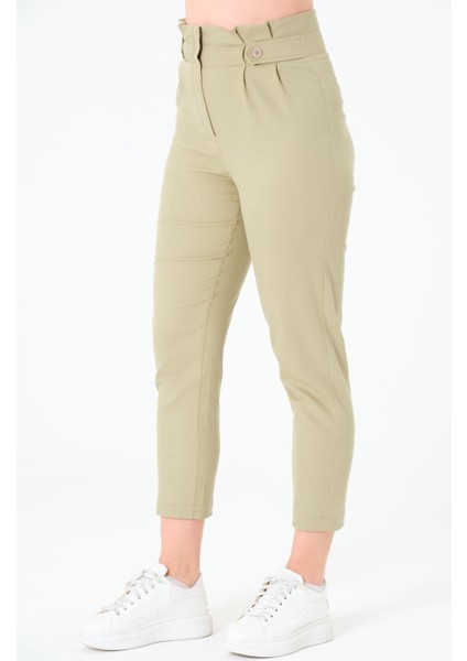 Kadın Yüksek Bel Düğme Detay Bilek Boy Pileli Gabardin Olive Pantolon