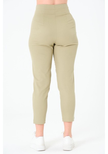 Kadın Yüksek Bel Düğme Detay Bilek Boy Pileli Gabardin Olive Pantolon fiyatları