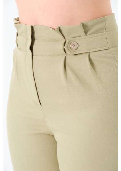 Kadın Yüksek Bel Düğme Detay Bilek Boy Pileli Gabardin Olive Pantolon modelleri