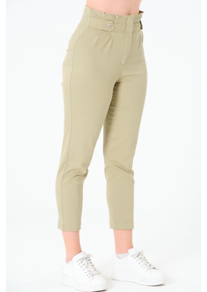 Kadın Yüksek Bel Düğme Detay Bilek Boy Pileli Gabardin Olive Pantolon fırsatları