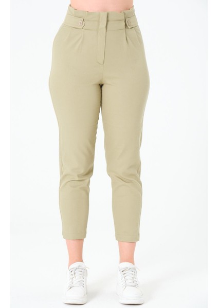 Kadın Yüksek Bel Düğme Detay Bilek Boy Pileli Gabardin Olive Pantolon indirimleri