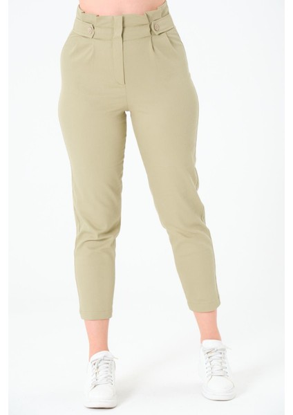 Kadın Yüksek Bel Düğme Detay Bilek Boy Pileli Gabardin Olive Pantolon