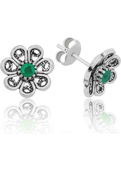 925 Ayar Gümüş Yeşil Telkari Çiçek Çivili Küpe EA1160158 (802802)