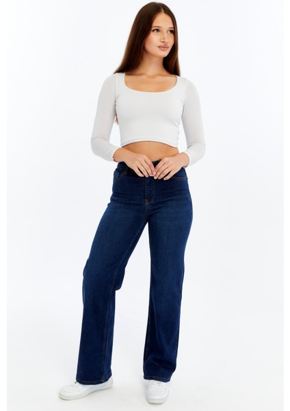 Kadın Yüksek Bel Düz Paça Denim Jean – Koyu Mavi Rahat Kalıp Günlük Pantolon fiyatları