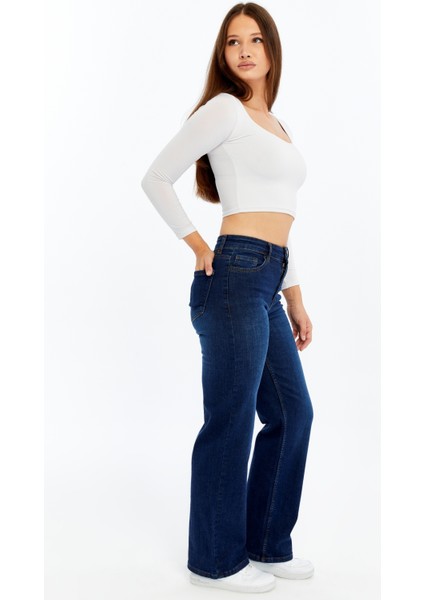 Kadın Yüksek Bel Düz Paça Denim Jean – Koyu Mavi Rahat Kalıp Günlük Pantolon modelleri