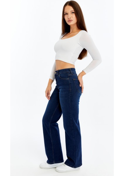 Kadın Yüksek Bel Düz Paça Denim Jean – Koyu Mavi Rahat Kalıp Günlük Pantolon fırsatları