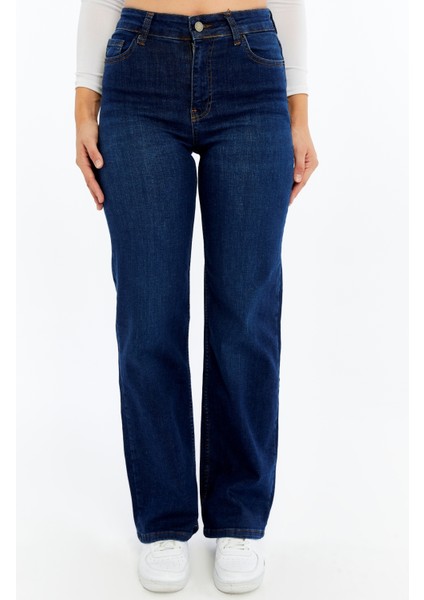 Kadın Yüksek Bel Düz Paça Denim Jean – Koyu Mavi Rahat Kalıp Günlük Pantolon