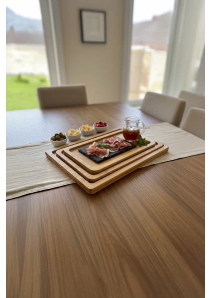 3 Lü Set Ahşap Kahvaltılık Oval Tepsi Çok Amaçlı Sunum Tahtası