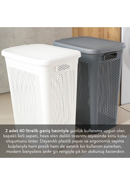 2'li Kirli Çamaşır Sepeti Seti - 40 Litre Kapaklı Delik Detaylı Stash Slim Kirli Sepeti Beyaz Gri fiyatları