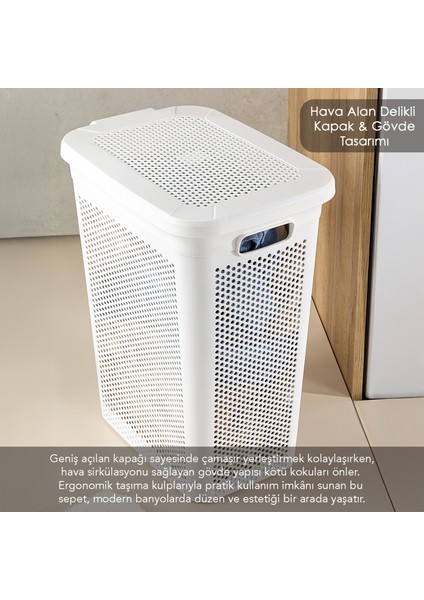 2'li Kirli Çamaşır Sepeti Seti - 40 Litre Kapaklı Delik Detaylı Stash Slim Kirli Sepeti Beyaz Gri modelleri