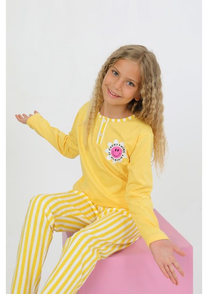 Kız Çocuk Uzun Kollu %100 Pamuklu Düğme Detaylı Pijama Takımı Alright modelleri