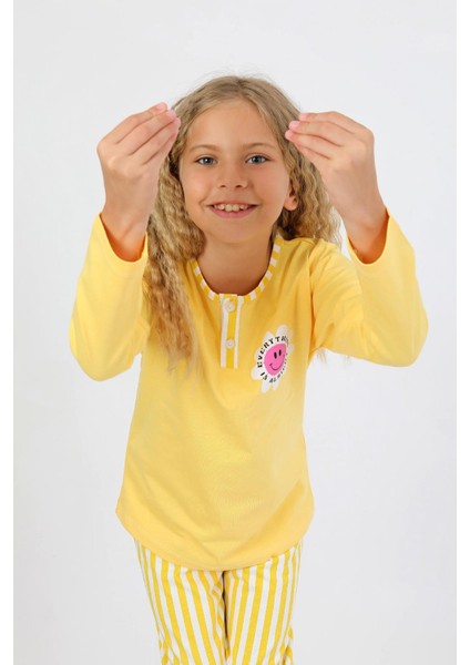 Kız Çocuk Uzun Kollu %100 Pamuklu Düğme Detaylı Pijama Takımı Alright
