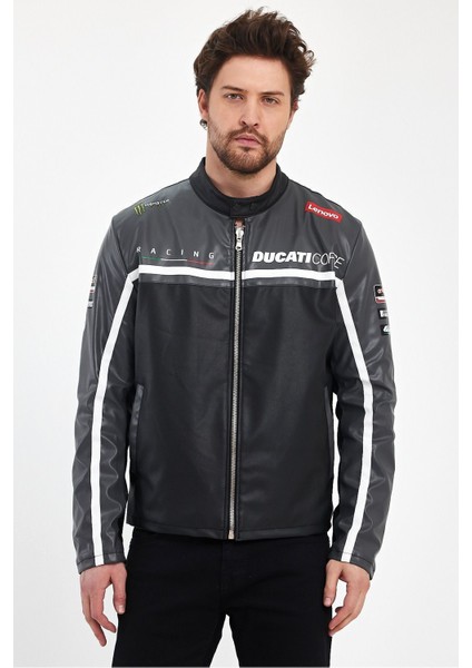 Erkek Baskılı Motorcu Ceket Deri Garnili Yarışçı Mont Fermuarlı ve Çıtçıtlı Kolej Montu Bomber Ceket