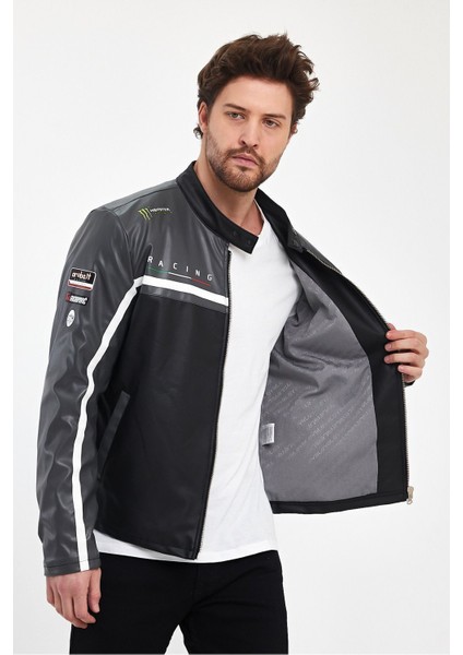 Erkek Baskılı Motorcu Ceket Deri Garnili Yarışçı Mont Fermuarlı ve Çıtçıtlı Kolej Montu Bomber Ceket fiyatları