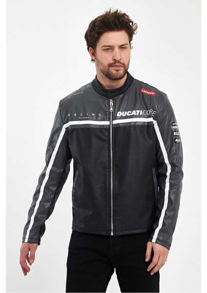 Erkek Baskılı Motorcu Ceket Deri Garnili Yarışçı Mont Fermuarlı ve Çıtçıtlı Kolej Montu Bomber Ceket fırsatları