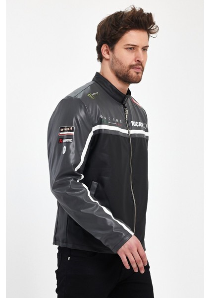 Erkek Baskılı Motorcu Ceket Deri Garnili Yarışçı Mont Fermuarlı ve Çıtçıtlı Kolej Montu Bomber Ceket indirimleri