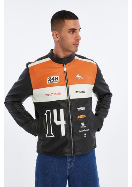 Erkek Oversize Şeritli Baskılı Deri Ceket Hakim Yaka Bomber Motorcu Montu Yarışçı Ceketi