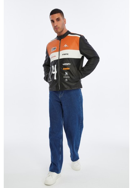 Erkek Oversize Şeritli Baskılı Deri Ceket Hakim Yaka Bomber Motorcu Montu Yarışçı Ceketi fiyatları