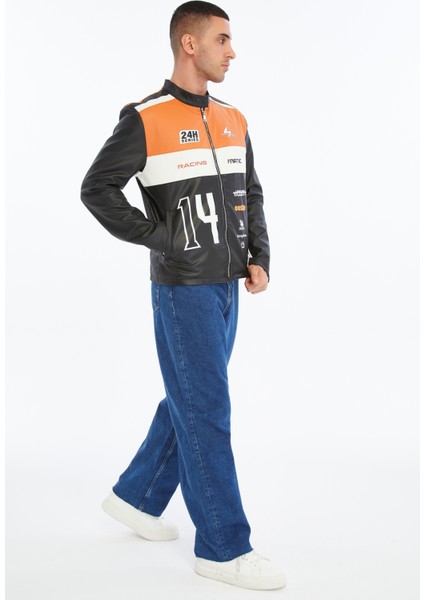 Erkek Oversize Şeritli Baskılı Deri Ceket Hakim Yaka Bomber Motorcu Montu Yarışçı Ceketi modelleri