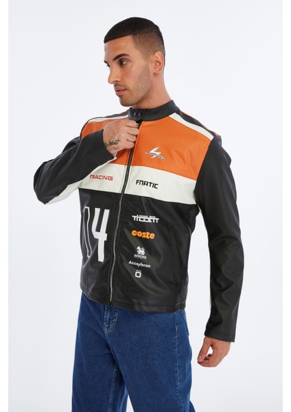 Erkek Oversize Şeritli Baskılı Deri Ceket Hakim Yaka Bomber Motorcu Montu Yarışçı Ceketi fırsatları