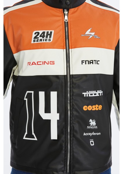 Erkek Oversize Şeritli Baskılı Deri Ceket Hakim Yaka Bomber Motorcu Montu Yarışçı Ceketi