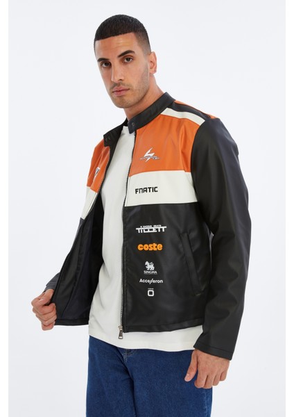 Erkek Oversize Şeritli Baskılı Deri Ceket Hakim Yaka Bomber Motorcu Montu Yarışçı Ceketi