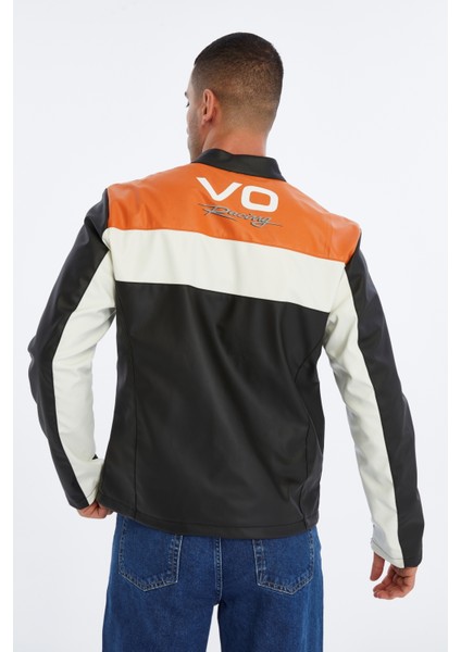 Erkek Oversize Şeritli Baskılı Deri Ceket Hakim Yaka Bomber Motorcu Montu Yarışçı Ceketi