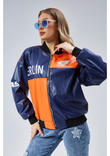 Kadın Oversize Baskılı Deri Motorcu Montu Fermuarlı Yarışçı Ceket Astarlı Bomber Kolej Mont