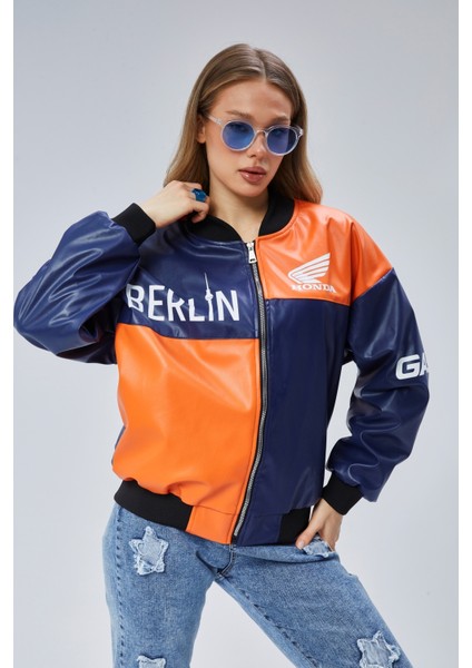 Kadın Oversize Baskılı Deri Motorcu Montu Fermuarlı Yarışçı Ceket Astarlı Bomber Kolej Mont fiyatları