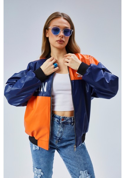 Kadın Oversize Baskılı Deri Motorcu Montu Fermuarlı Yarışçı Ceket Astarlı Bomber Kolej Mont fırsatları