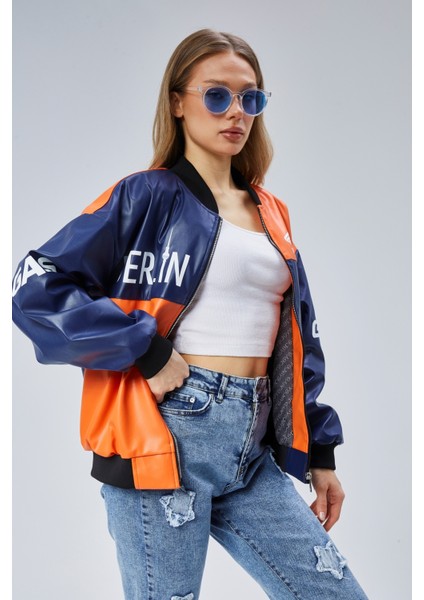 Kadın Oversize Baskılı Deri Motorcu Montu Fermuarlı Yarışçı Ceket Astarlı Bomber Kolej Mont indirimleri