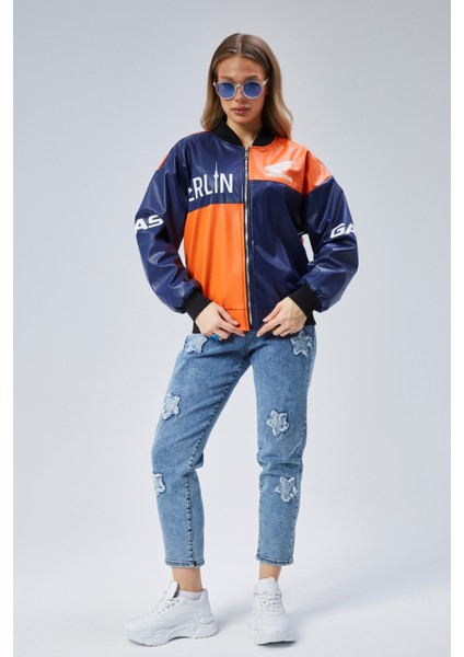 Kadın Oversize Baskılı Deri Motorcu Montu Fermuarlı Yarışçı Ceket Astarlı Bomber Kolej Mont